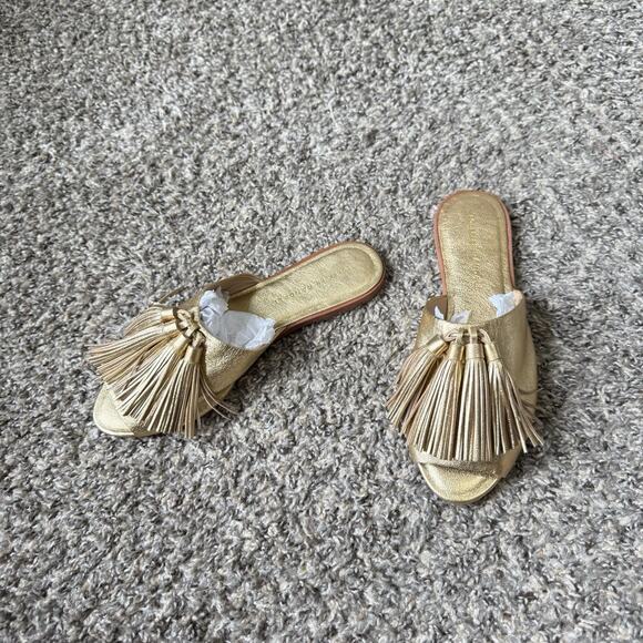 Loeffler Randall Kiki Tassel Gold Pom Pom Leather Sandals Flats Shoes 6 B New